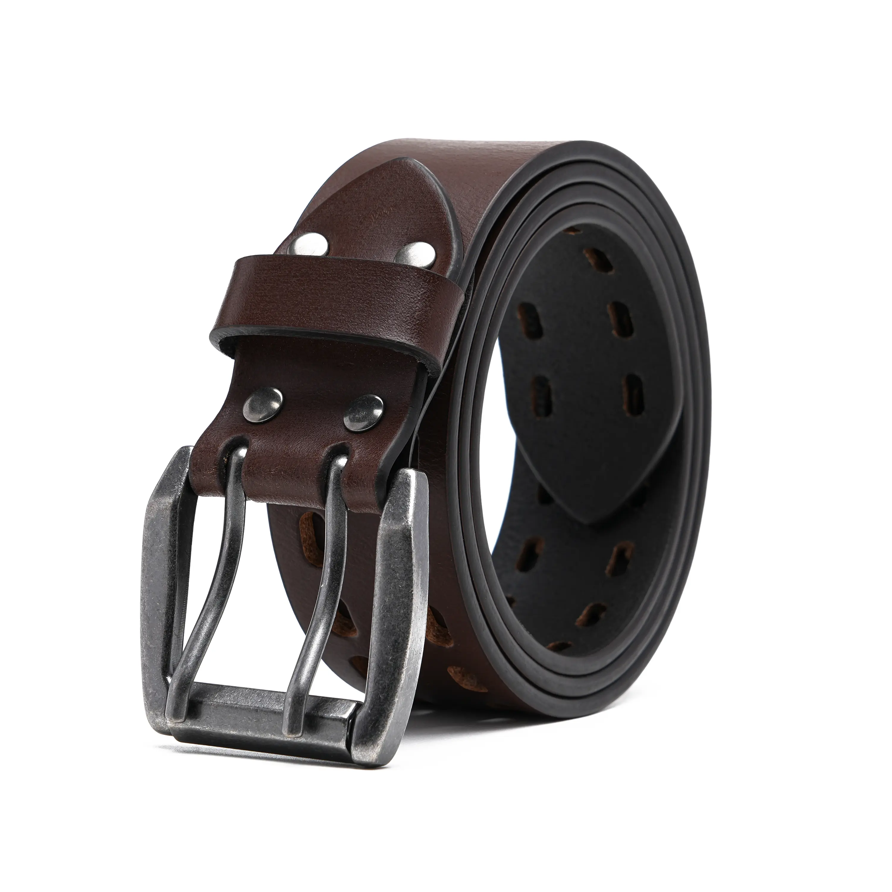 FABIO VALENTI Men's Casual Full Grain Leather Work Belt with Heavy-Duty Double Prong Buckle and Ancient Silver Finish, 1.5 Inch Wide, Casual Dress Belt, Cow Hide, Multiple Holes, Rough Edge, Adjustable Support Men's Belts