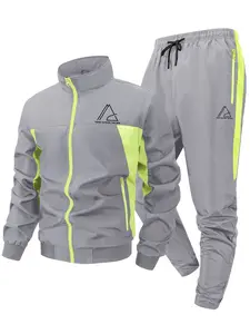 Triangle Print Colorblock Patchwork Tracksuit for Men, Spring & Fall Quick-Dry Breathable Sports Set, Workout Sets, Windproof Stand Collar Long Sleeve Jacket, Zip Up Coat Outwear Tops + Drawstring Elastic Waist Pants with Zipper Pockets