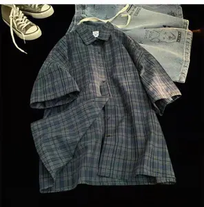 Japan Vintage Plaid Short Sleeve Shirt for Men Y2k Streetwear Korean Harajuku Loose Casual Half Sleeve Mens Shirts Jacket Coat