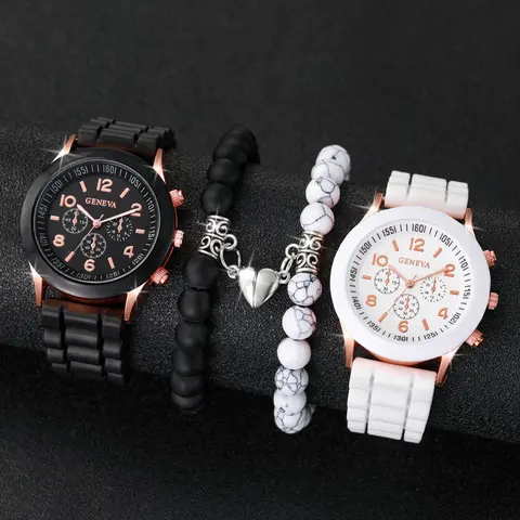 Simple Round Dial Quartz Watch & Heart Charm Beaded Bracelet Set, 4pcs Fashion Watch Set for Party, Daily Clothing Decor, Trendy All-match & Exquisite Watch Set for Birthday Gift without Box