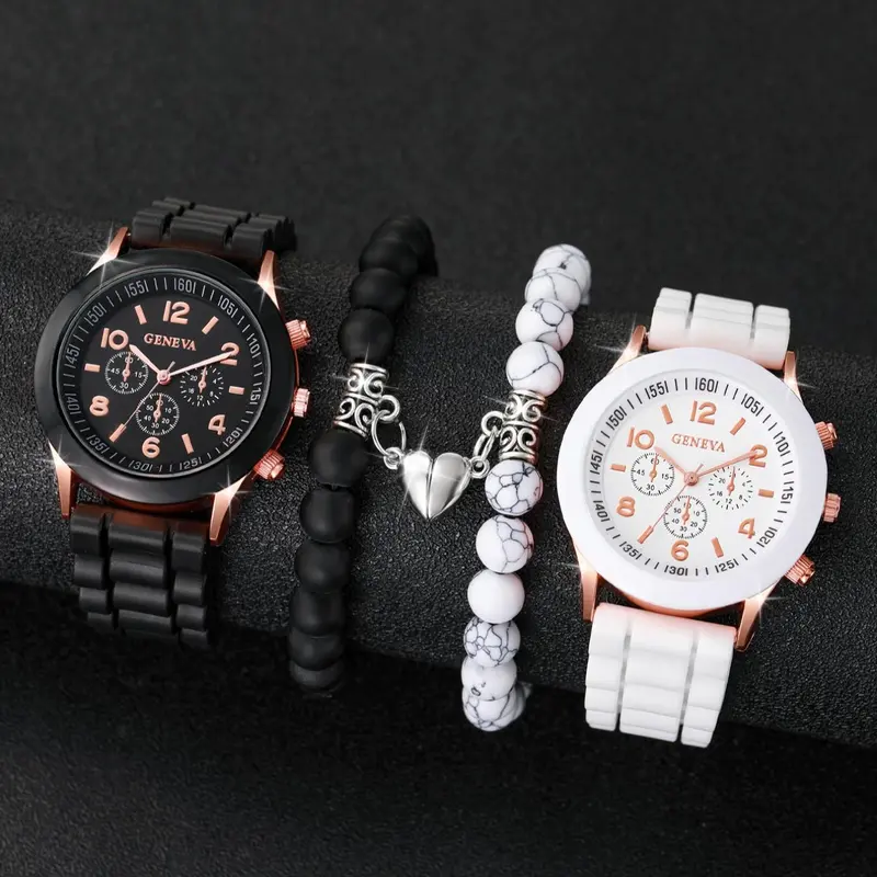 Simple Round Dial Quartz Watch & Heart Charm Beaded Bracelet Set, 4pcs Fashion Watch Set for Party, Daily Clothing Decor, Trendy All-match & Exquisite Watch Set for Birthday Gift without Box
