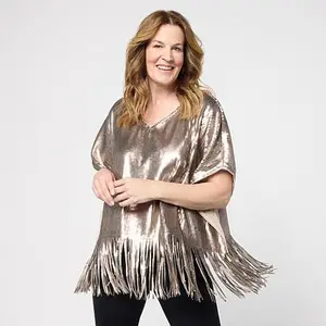 Colleen Lopez Knit Sequin V-Neck Top with Fringe
