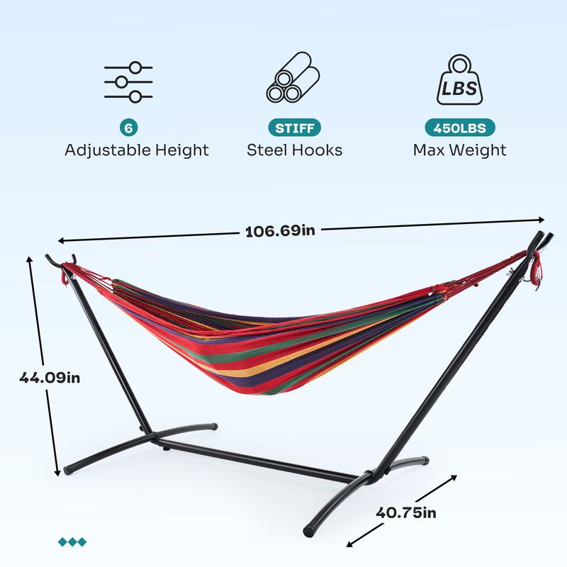 Double Hammock with Space Saving Steel Stand Heavy Duty 2 Person Standing Hammocks 450lb Capacity for Outside Garden Yard with Portable Carrying Bag