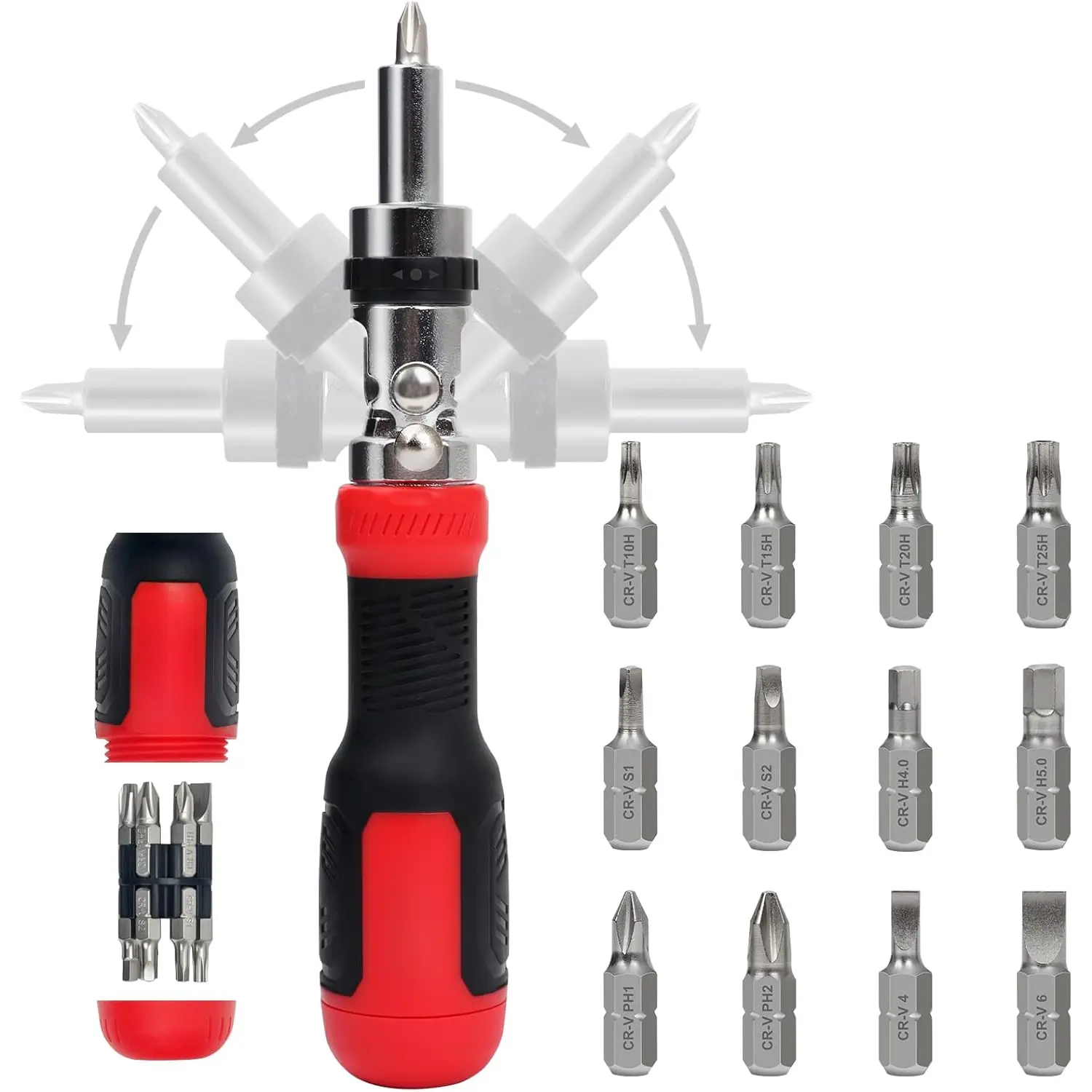 13 In 1 Ratcheting Multibit Screwdriver Set with Ratcheting Mechanism, 5-Position Pivoting Head, Phillips, Flat, Torx, Hex, Robertson Bits for SQ1 Repair Tasks, All-Day Driving