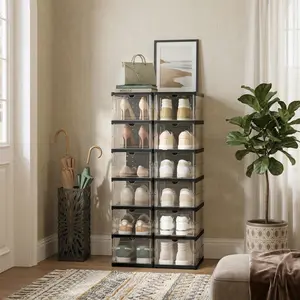 Shoe Rack Shoe Storage Box Bins Clear Collapsible Plastic Installation-Free, Stackable Foldable Tote with Lids Organizing Dustproof 6-Tiers