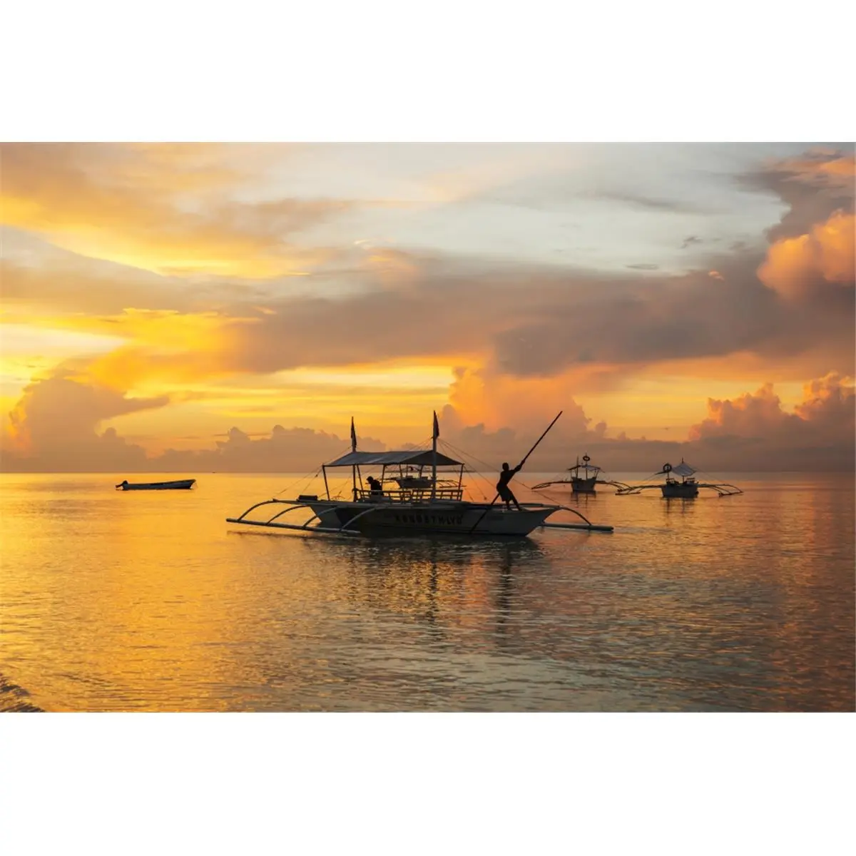 Alona Beach Sunrise Poster Print - 19x12 in, Man Moving Boat to Shore with Long Stick, Home Decor, Ideal Gift for Home Supplies Enthusiasts