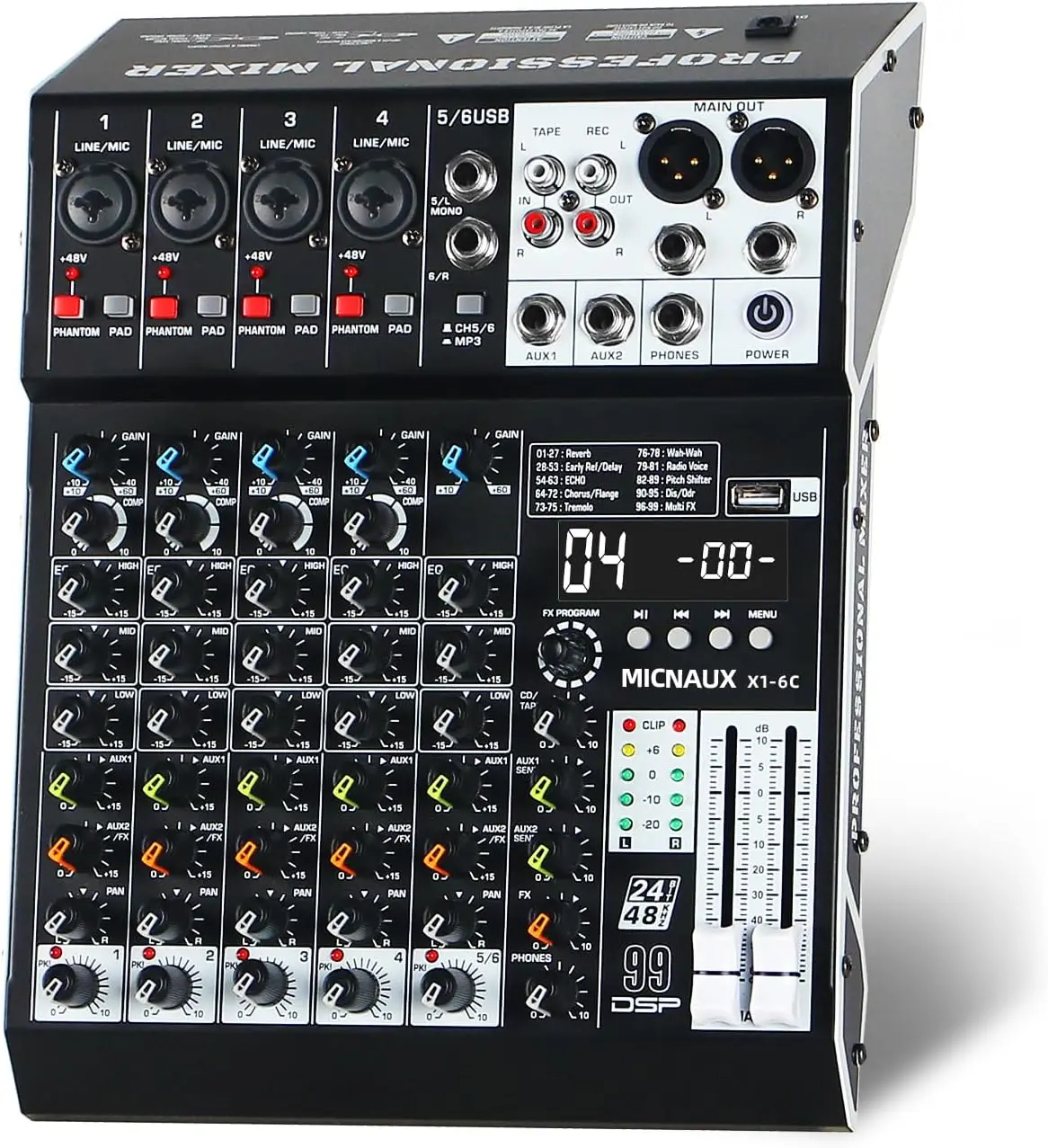 6-Channel Professional Wired Audio Mixer Kit - Bluetooth Amplifier, Acoustic DJ Mixer with Digital Sound Processor, 99 DSP Effects, USB Port, 48V Power Supply, PAD Button for Karaoke, Drum Use