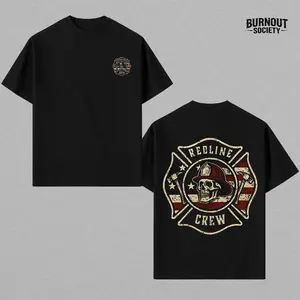 Redline Crew T-Shirt, Firefighter Skull Badge Graphic, 2 Sides, Soft Cotton Blend Shirt, Patriotic Rescue Apparel for Men & Women