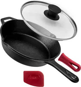 Cuisinel Cast Iron Skillet with Glass Lid - 8"/10"/12"/15"-Inch Pre-Seasoned Frying Pan + Tempered Glass Cover + Silicone Handle Holder - Indoor/Outdoor Oven Safe Cookware - Non-Toxic, PFOA & PFAS Free