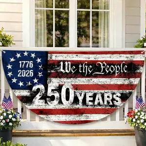 We The People 250 Years USA Polyester Semicircle Fence Banner, 1776–2026 American Patriotic Bunting Flag, Vintage US Flag Half Round Banner, Independence Day Fourth Of July Outdoor Decor, USA 250th Anniversary Porch Fence Banner