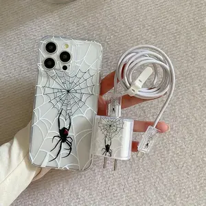 Spider Web Pattern Phone Case with Charger Saver, Cable Protector, Storage Rope, Accessories, Anti-drop Shockproof Durable Protective Cover for iPhone, Compatible with iPhone 17 16 15 14 13 12 11 X XS XR Pro Max Plus Air