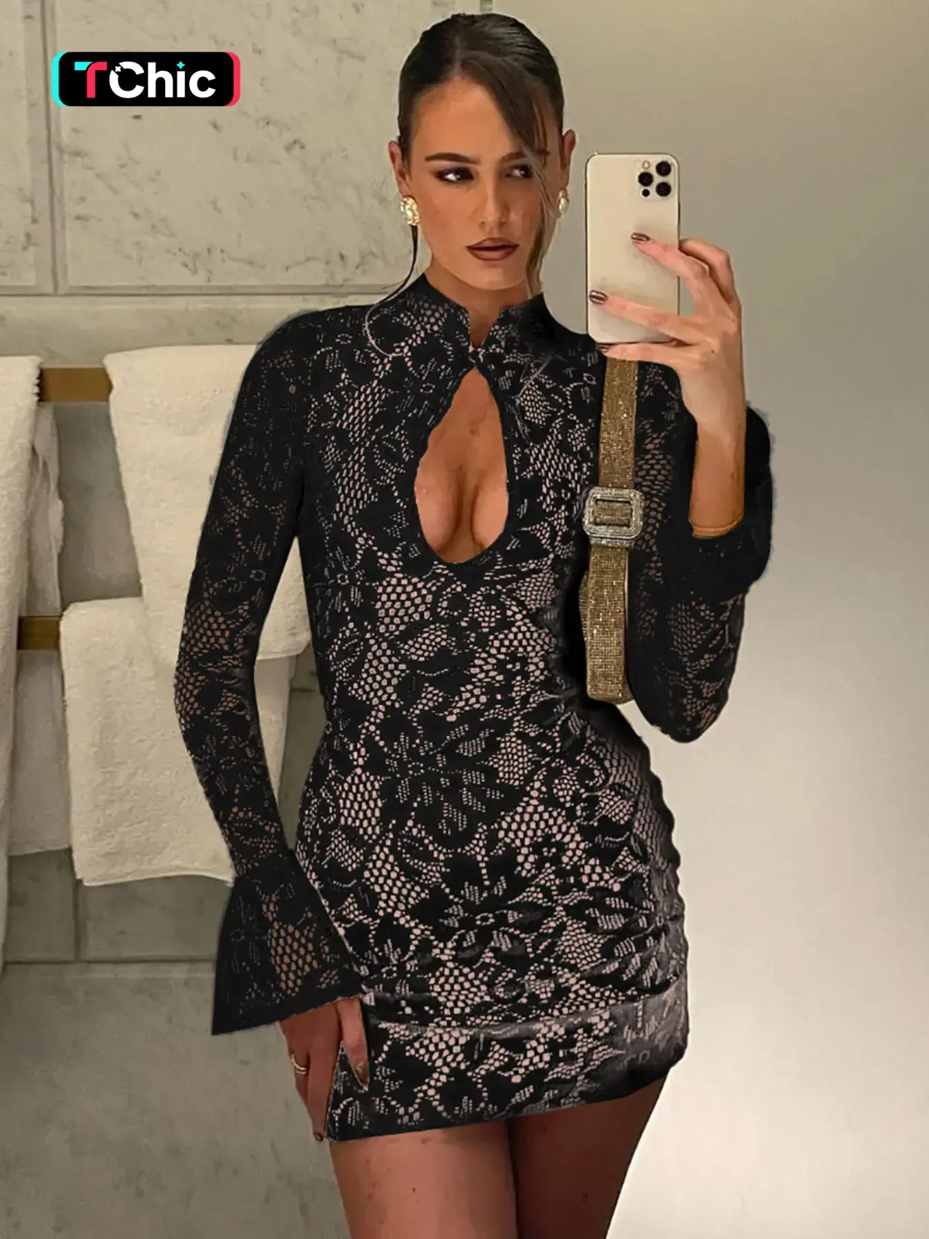 Women's Lace Cut Out Mock Neck Bodycon Dress, Elegant Fashion Long Sleeve  Short Dress for Party Club Holiday, Women Dress for Spring Fall - TikTok  Shop