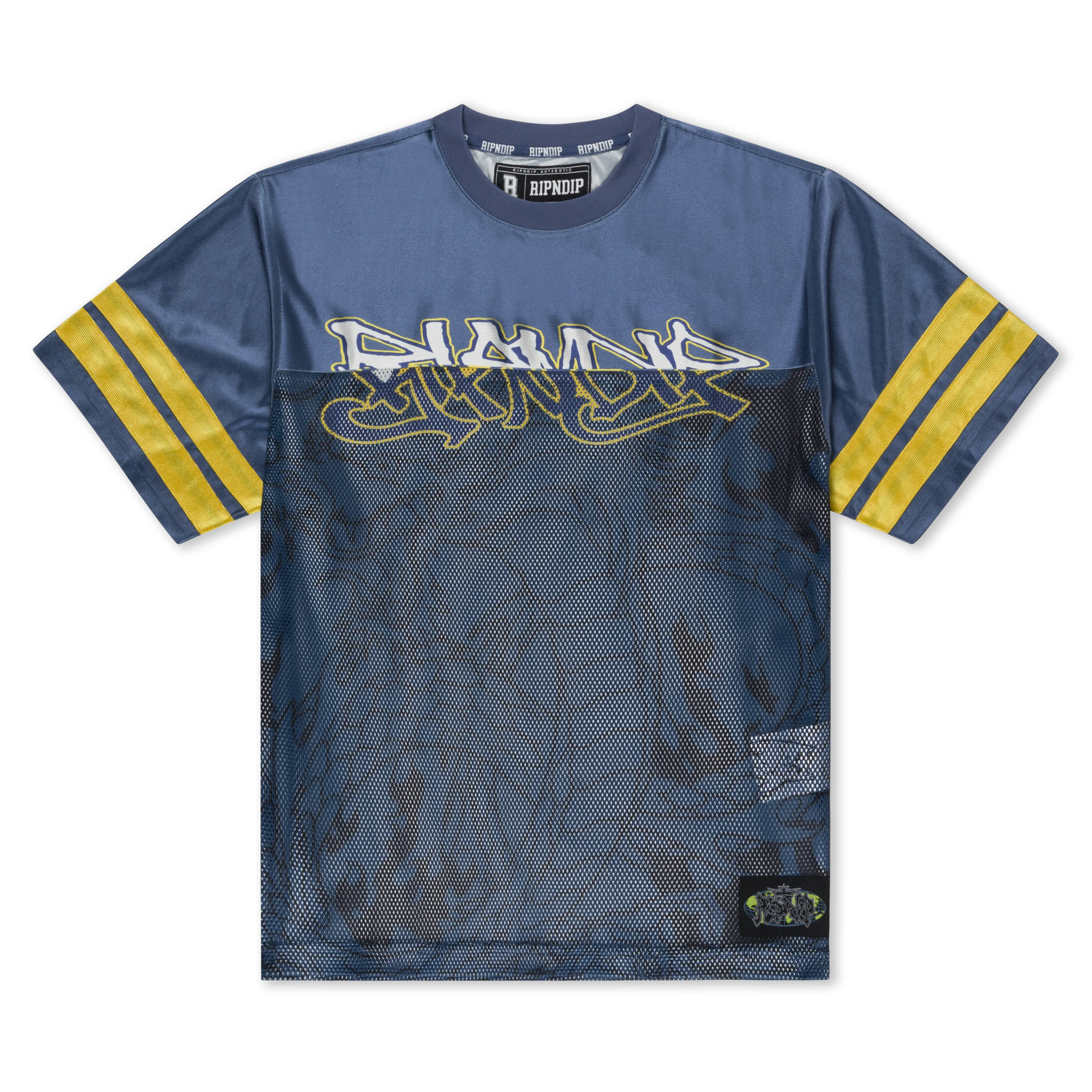 Dragon Print Football & Soccer Jersey, Navy Polyester Top with Double Stripe Sleeves, Mesh Bottom & Custom Patches