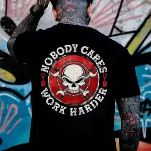 NOBODY CARES WORK HARDER Skull&Wrench Print Men's Graphic Tee, Casual Streetwear Crewneck T-shirt for Daily Wear - Streetwear Unisex Cool T-Shirt