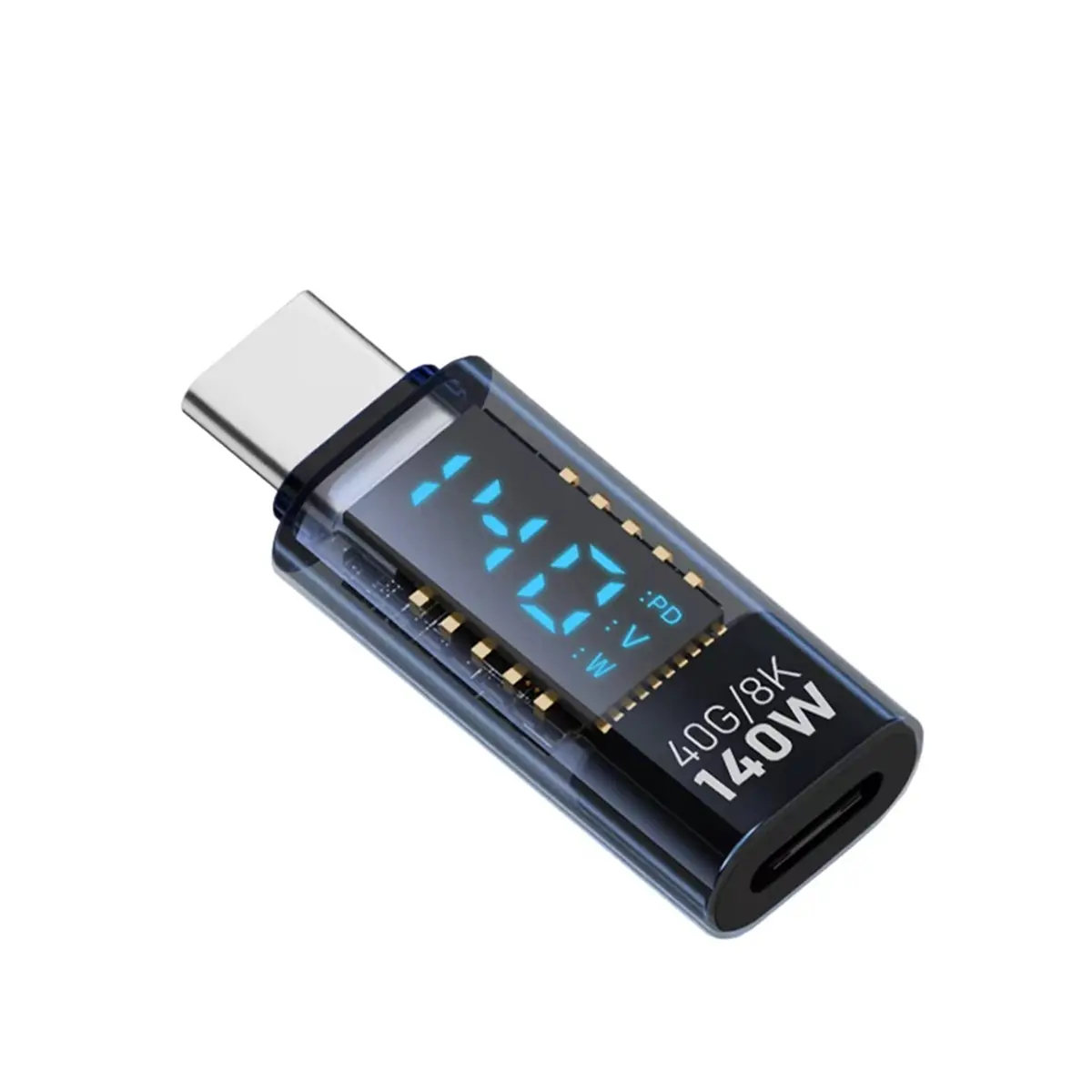 USB C Adapter LED Wattage Display 140W 40Gbps 8K USB C Extension PD3.1 Type C Connector Type C Power Meter Tester Blue US