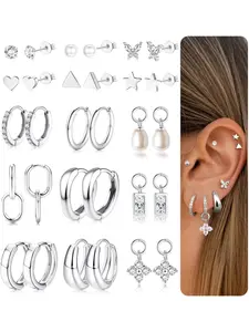 Gentle 15 Pairs Silvery Hoop Stud Earrings Set Hypoallergenic Surgical Steel Copper Earrings for Women Men Hoop Stud Small Cartilage Helix Tragus Earring Sets for Multiple Piercings