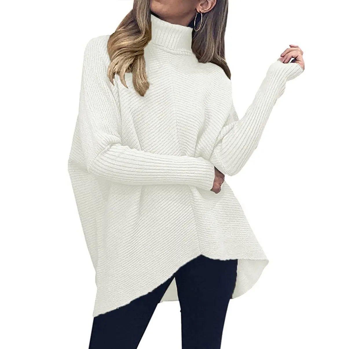 ANRABESS Womens Turtleneck Oversized Sweater 2026 Long Batwing Sleeve Asymmetric Hem Casual Knit Pullover Tunic Sweater Tops White