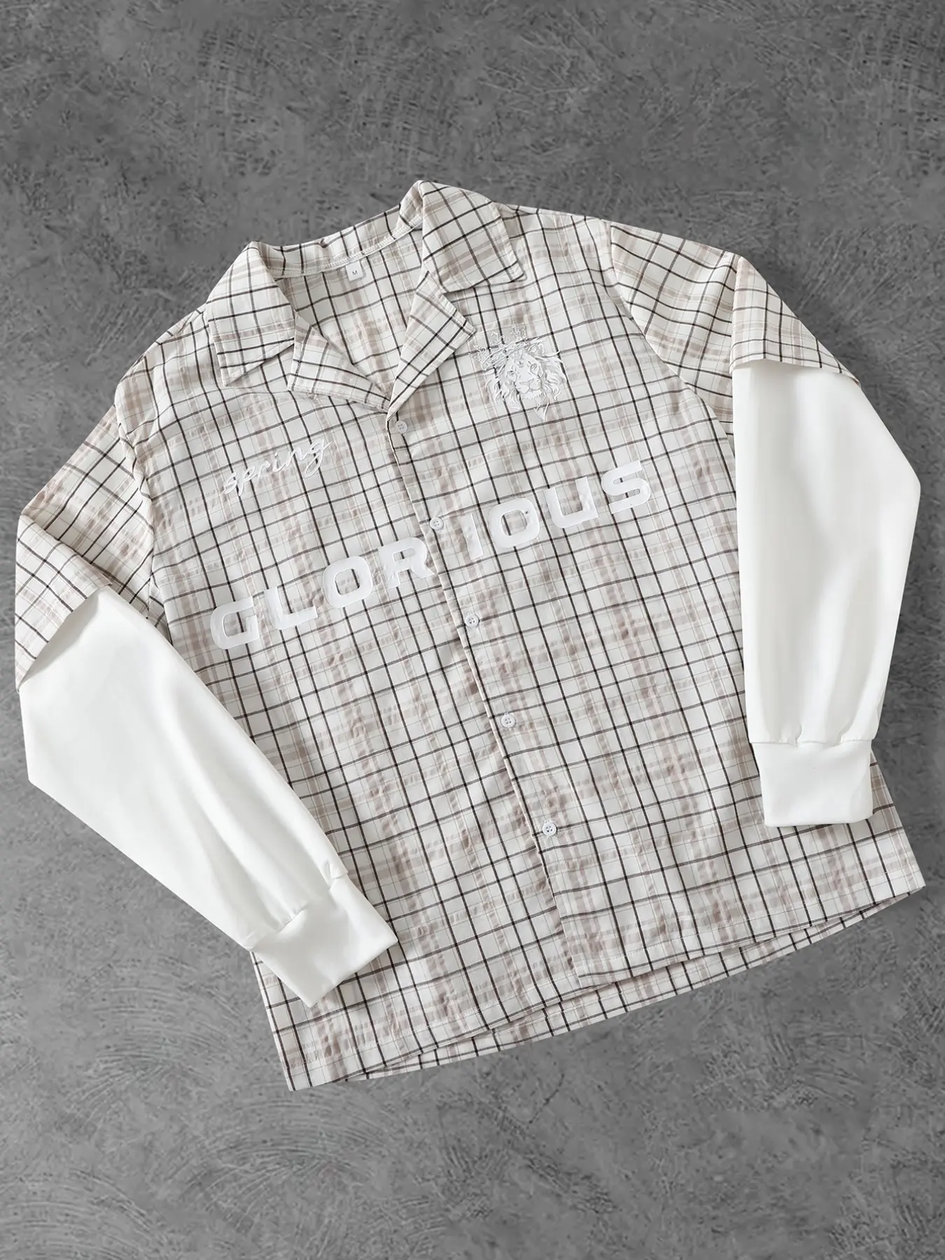 American Vintage Plaid Patchwork Long Sleeve Shirt, Lion Embroidery + Glorious Lettering, Y2K Street Style Oversized Blouse