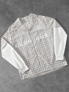 American Vintage Plaid Patchwork Long Sleeve Shirt, Lion Embroidery + Glorious Lettering, Y2K Street Style Oversized Blouse