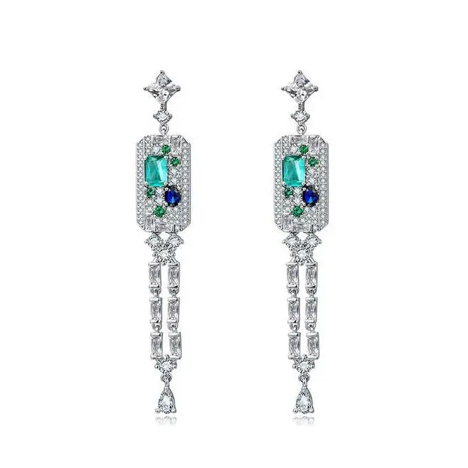 S925 Sterling Silver Tassel Drop Earrings - Party Wear, Unisex Fit, Sparkling Teal & Blue Rhinestones, Ideal Anniversary Gift, Banquet Accessory
