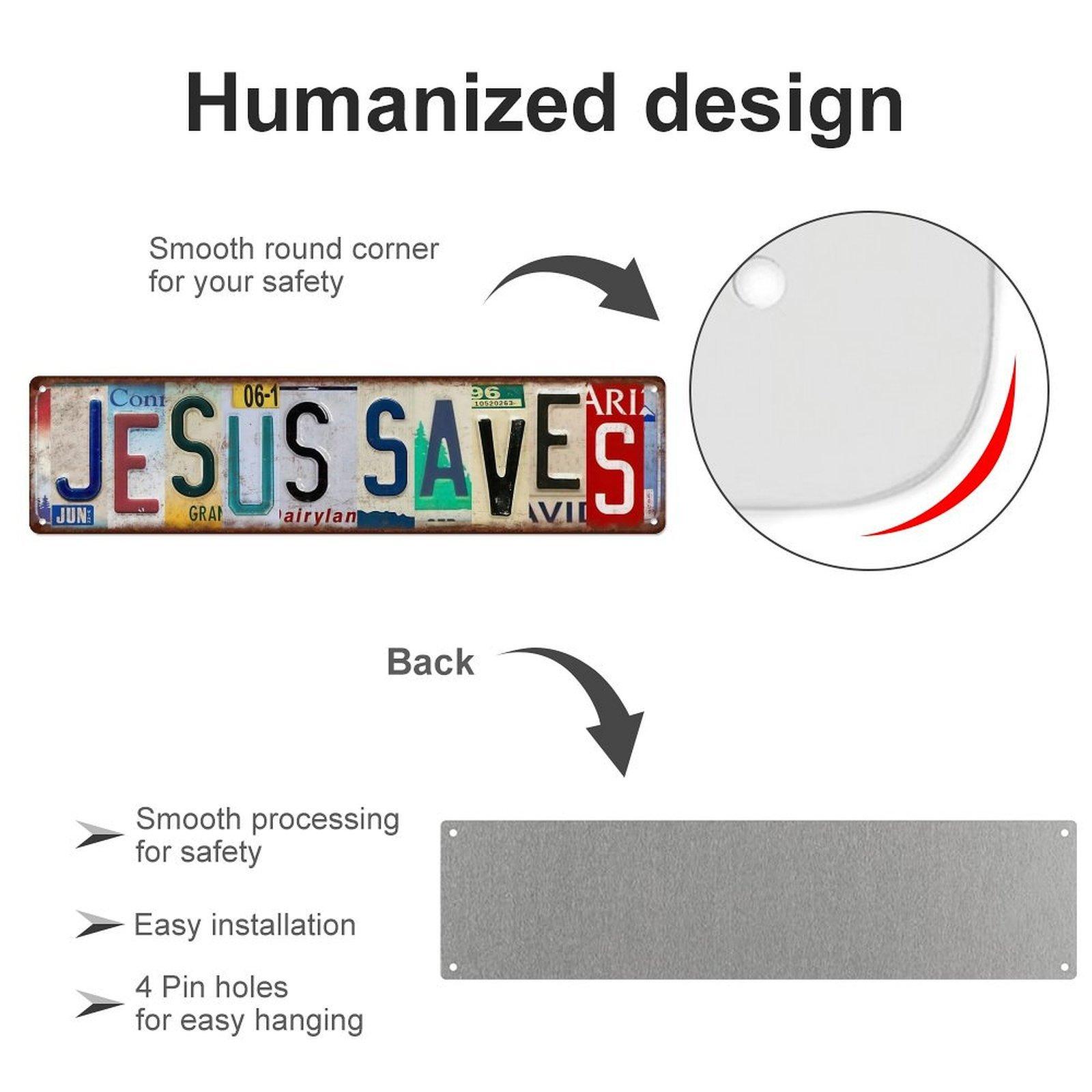 16×4 Inch Jesus Saves Vintage Metal Sign, Retro License Plate Style Christian Aluminum Wall Decor, Pre-drilled Religious Wall Art for Home Garage