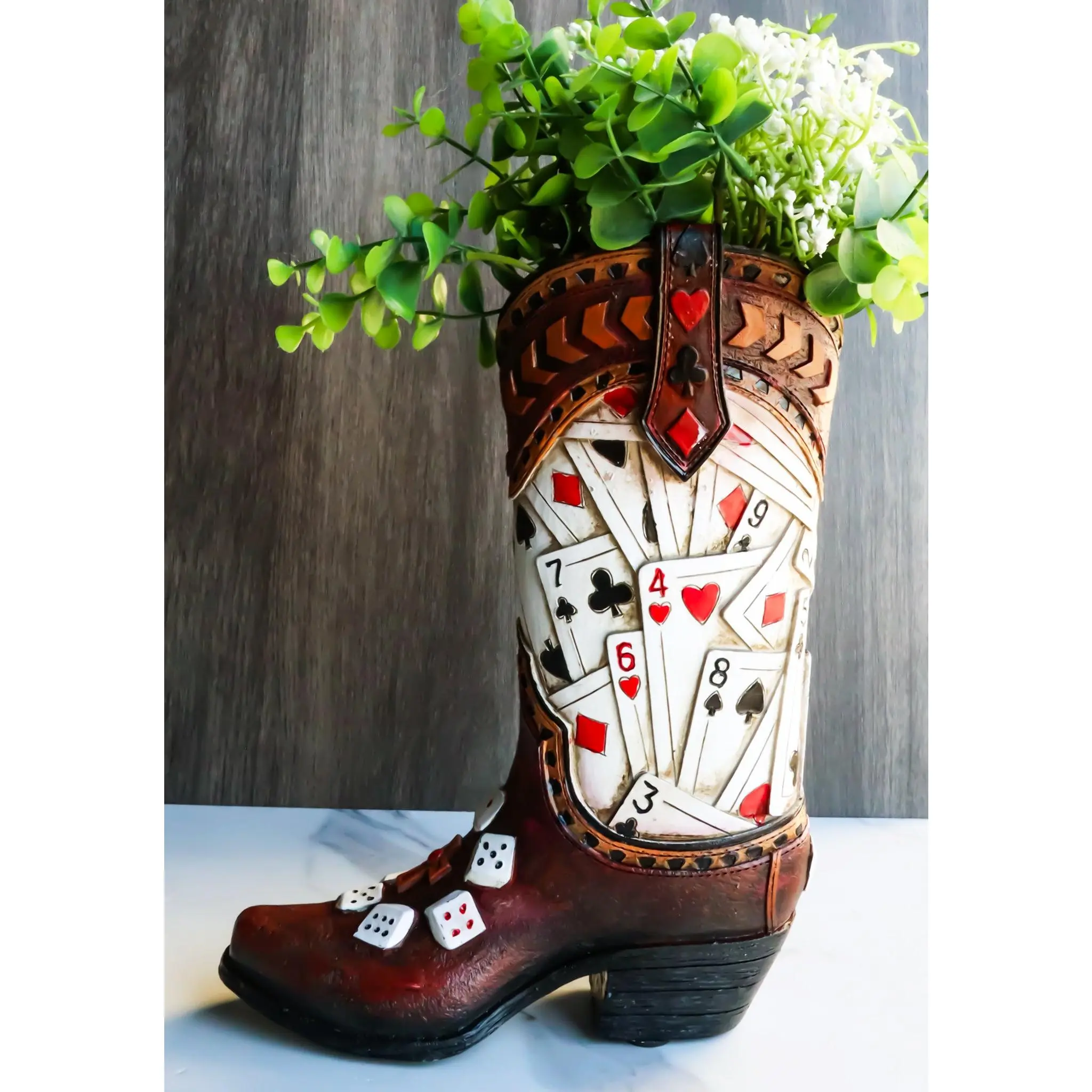 Rustic Western Gambler Casino Poker Cards Dice Cowboy Boot Vase Planter Figurine