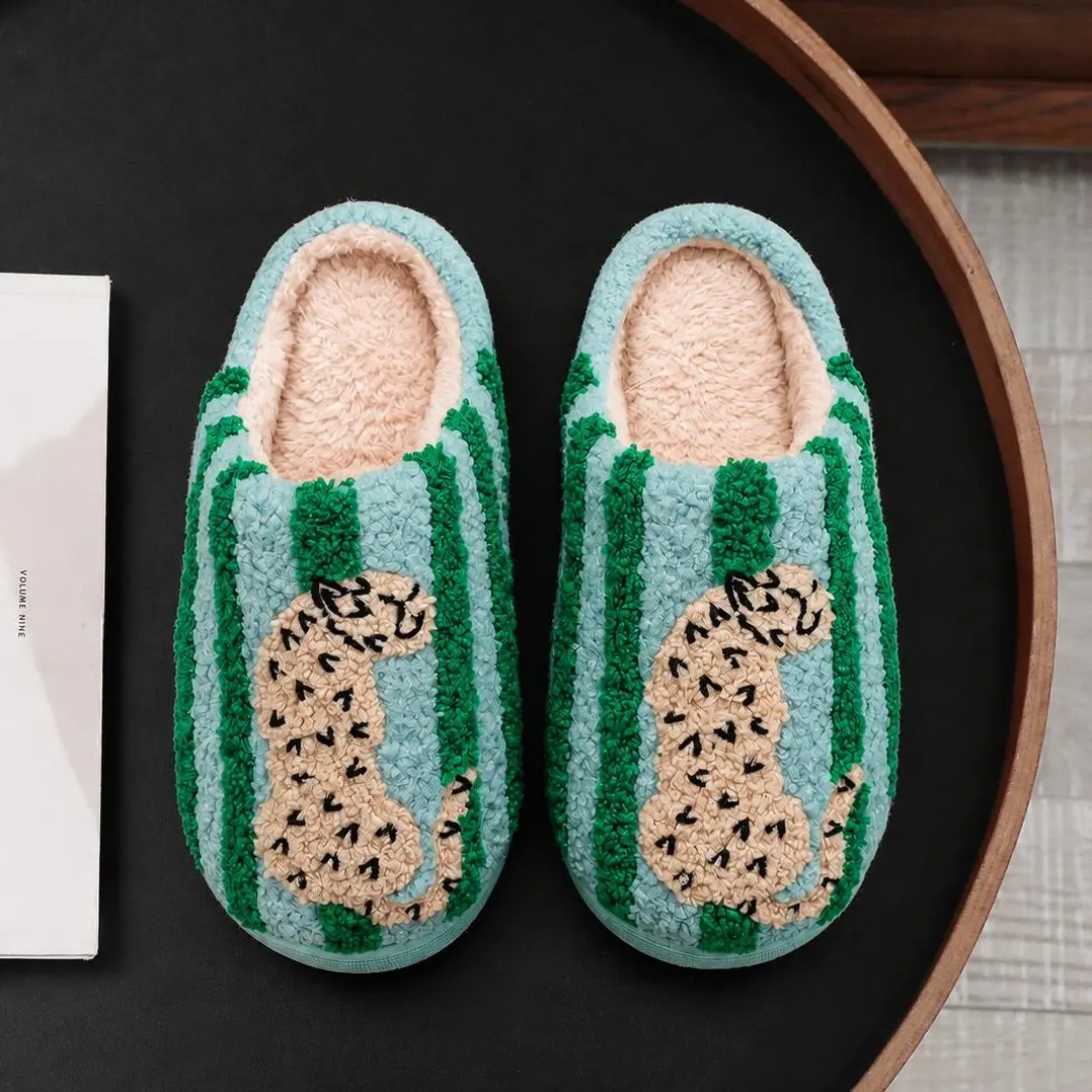 Women’s Retro Striped & Leopard Fuzzy Slippers, Super Soft Fluffy Lined Closed Toe House Shoes, Warm Cozy Anti Slip Indoor Bedroom Slippers, Winter Holiday Gift for Women