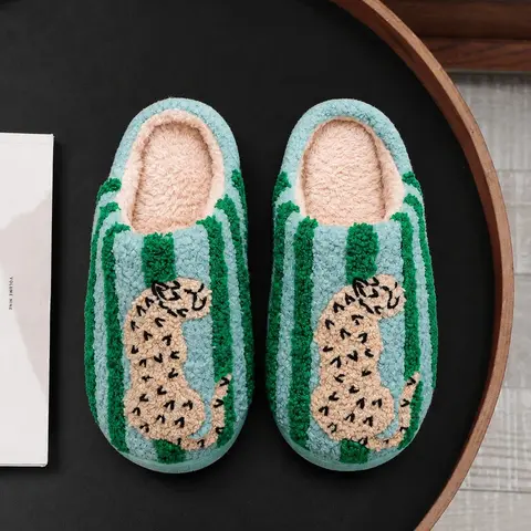 Women’s Retro Striped & Leopard Fuzzy Slippers, Super Soft Fluffy Lined Closed Toe House Shoes, Warm Cozy Anti Slip Indoor Bedroom Slippers, Winter Holiday Gift for Women