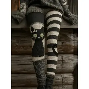 Fashion Halloween Smiley Face Digital Print Knitted Leggings Women's Tight Pants, Leggings, Ideal Gift