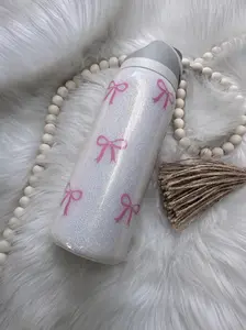 Pink Bow Glitter Water Bottle, Cute Girly Sparkle Tumbler Cup, Coquette Style Hydration Bottle, Aesthetic Reusable Drinkware Gift For Women Girls