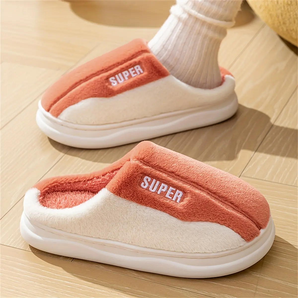 Velvet Slippers with Embroidered Letter Decor, Cozy Slip On Mules with Soft Plush Lining and Non-Slip Sole for Indoor Winter, Fluffy, Slide, Women, Design, Footwear, Letters, Rubber Grip