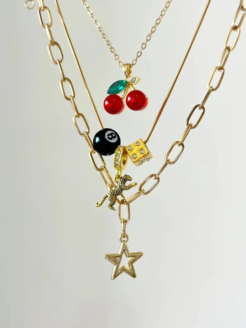 3-Piece Leopard & Cherry Necklace Set with 8-Ball Billiard Dice Charm and Fashionable Star Design, Classic Necklace Set Suitable for Daily Wear