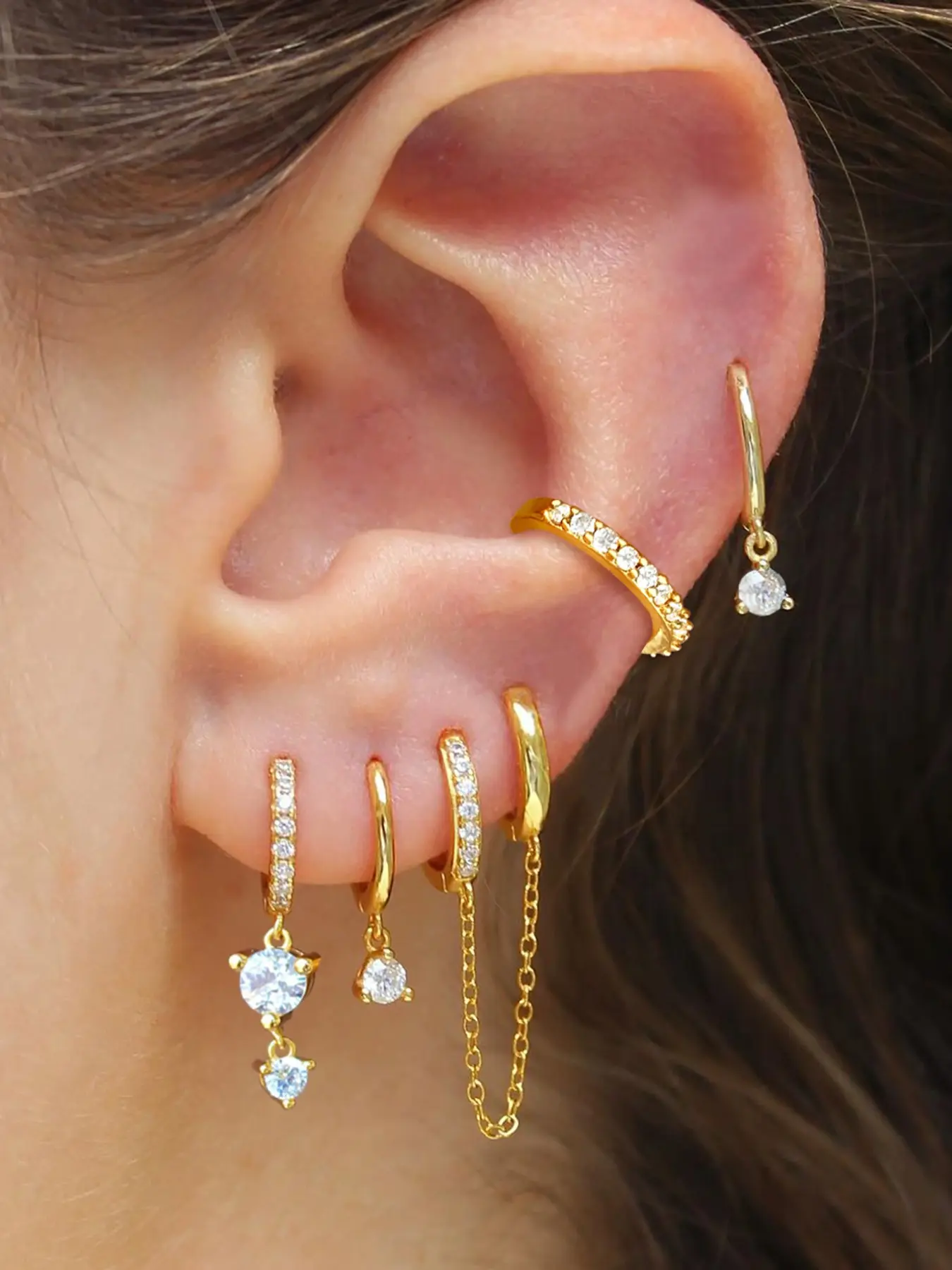 5Pcs Elegant 24K Gold Plated Cubic Zirconia Chain Hoop Earrings Set For Women Zircon Cilp Earrings Pack Drop Dangle Earrings Stack
