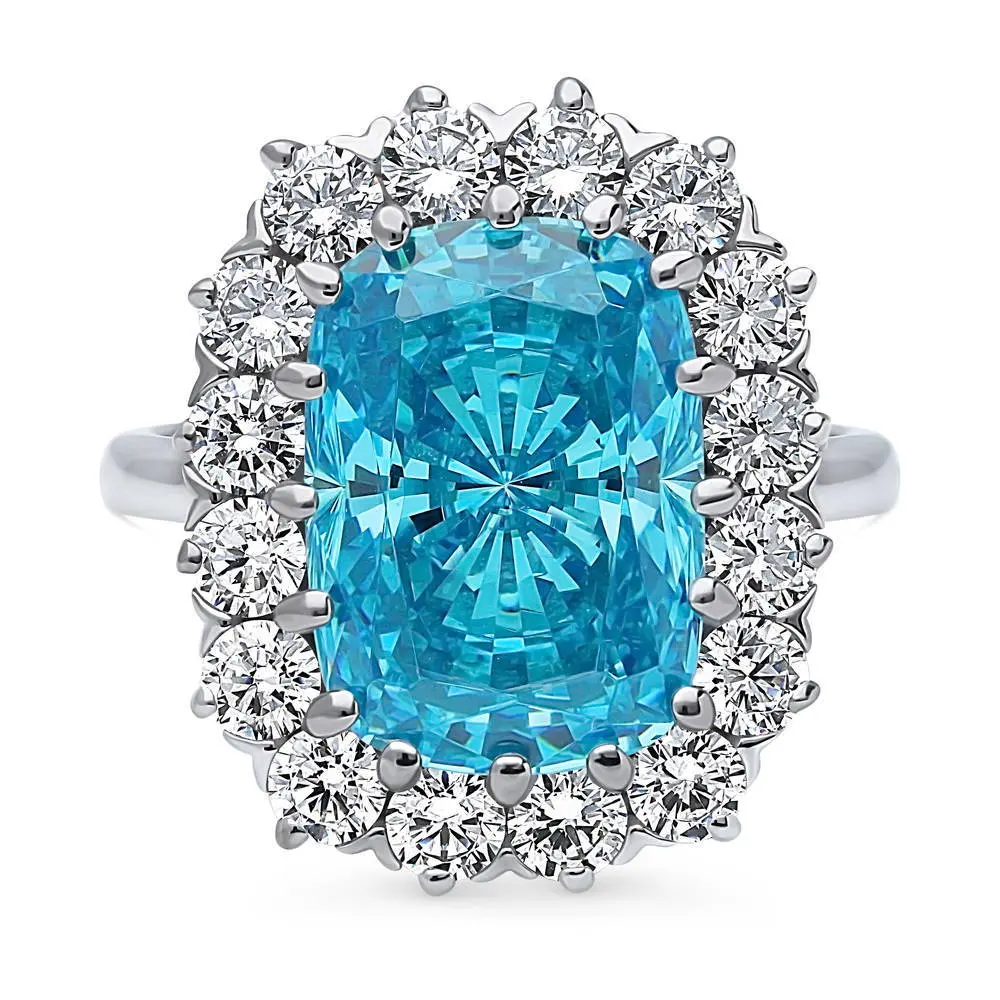 BERRICLE Sterling Silver Halo Statement Cocktail Ring for Women, Blue Cushion Cut Cubic Zirconia CZ