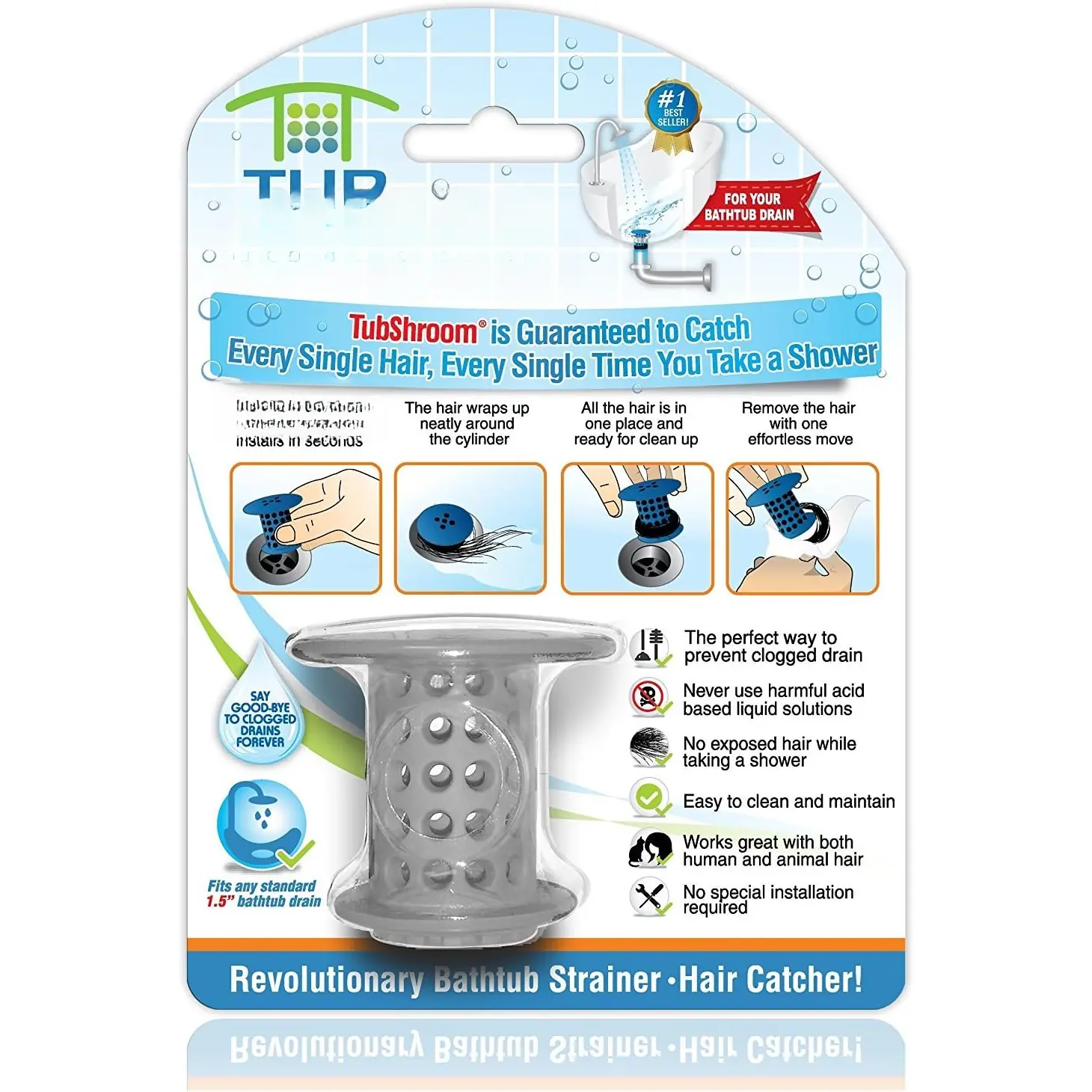 Tub Hair Catcher Protector, Fits 1.5" - 1.75" Drain, Gray