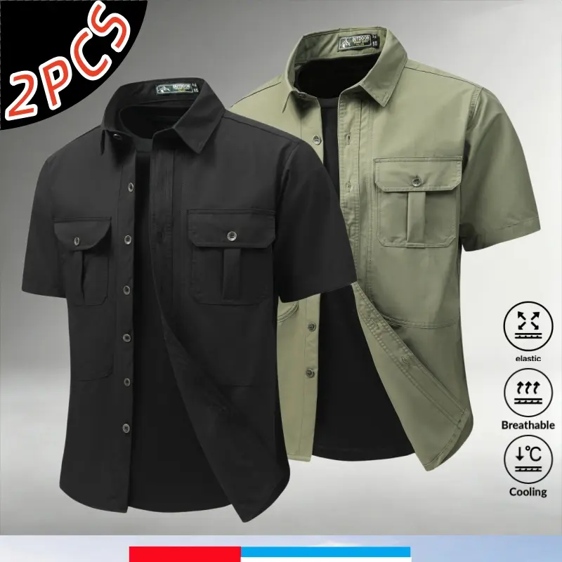 2-pack men’s work short-sleeve shirts, outdoor functional style with breathable fabric, slightly stretchy skin-friendly double flap chest, multi-pocket design suitable for everyday hiking and fishing outfits. sohochic