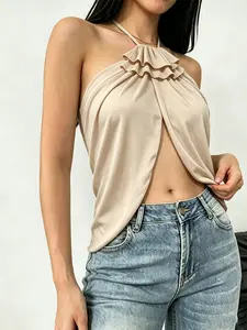 Sexy Halter Neck Ruffle Top, Backless Pleated Front Split Short Sleeve Summer Dress, Women's Fashion New Arrival