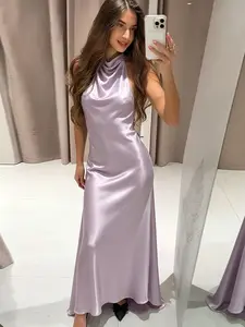 Women's Summer Dress Red Halter Neck Satin Dress With Hollowed Out Back And Backless, Elegant Party Dresses Formal Wear Silky Smooth Texture, Elegant And Fashionable Women's Dress Prom Dresses