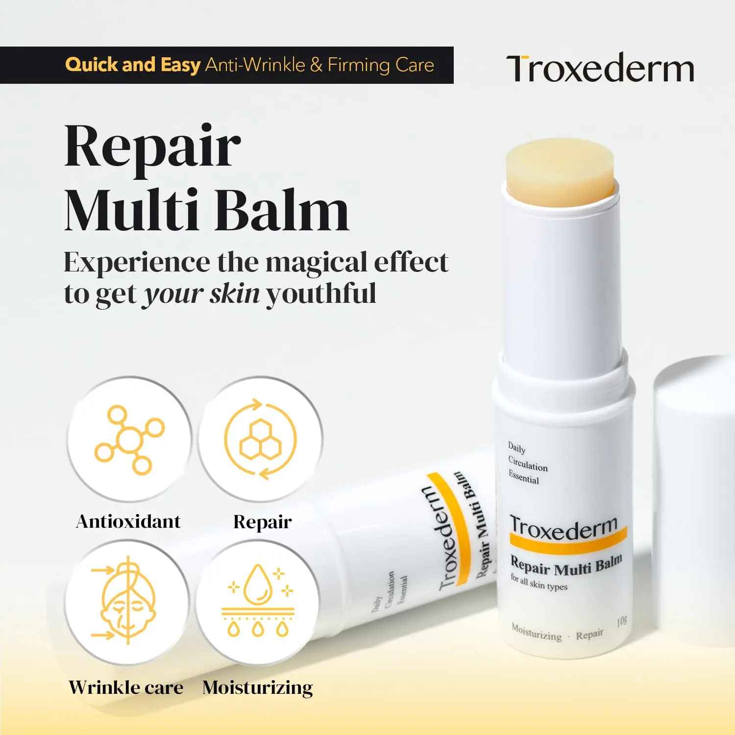Troxederm Repair Multi Balm Stick – Korean Skincare Balm with Shea Butter, Adenosine & Troxerutin | Moisturizing Anti-Wrinkle Stick for Face, Lips & Eye Area, Travel-Friendly, 0.35oz