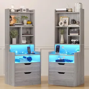 SIKAIC 2PCS LED Tall Nightstand Set, Grey Bedside Table with Drawers & Bookshelf Storage