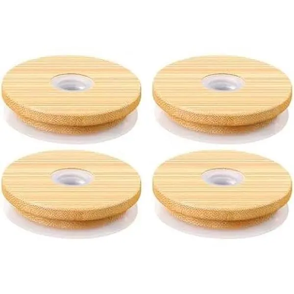 Bamboo Lids for Glass Cups with Straw Hole, 2.75inch/70mm Wooden Lids for 16OZ Beer Can Cups, Replacement for Regular Mouth 20 24 OZ Cups, 4 Pack