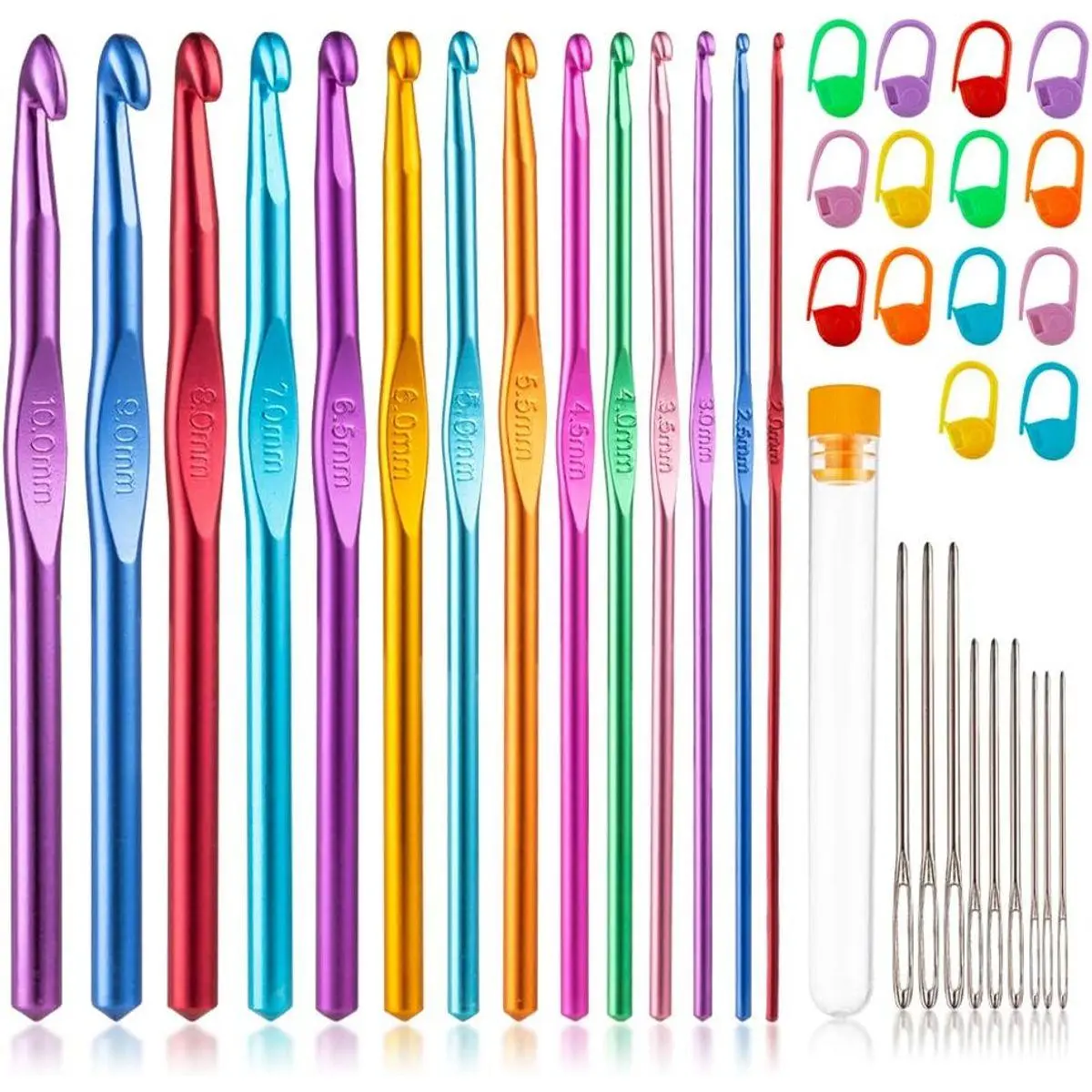 14 Sizes Crochet Hooks Set 2.0–10.0mm, Colorful Metal Crochet Needles, Ergonomic for Comfortable Crocheting