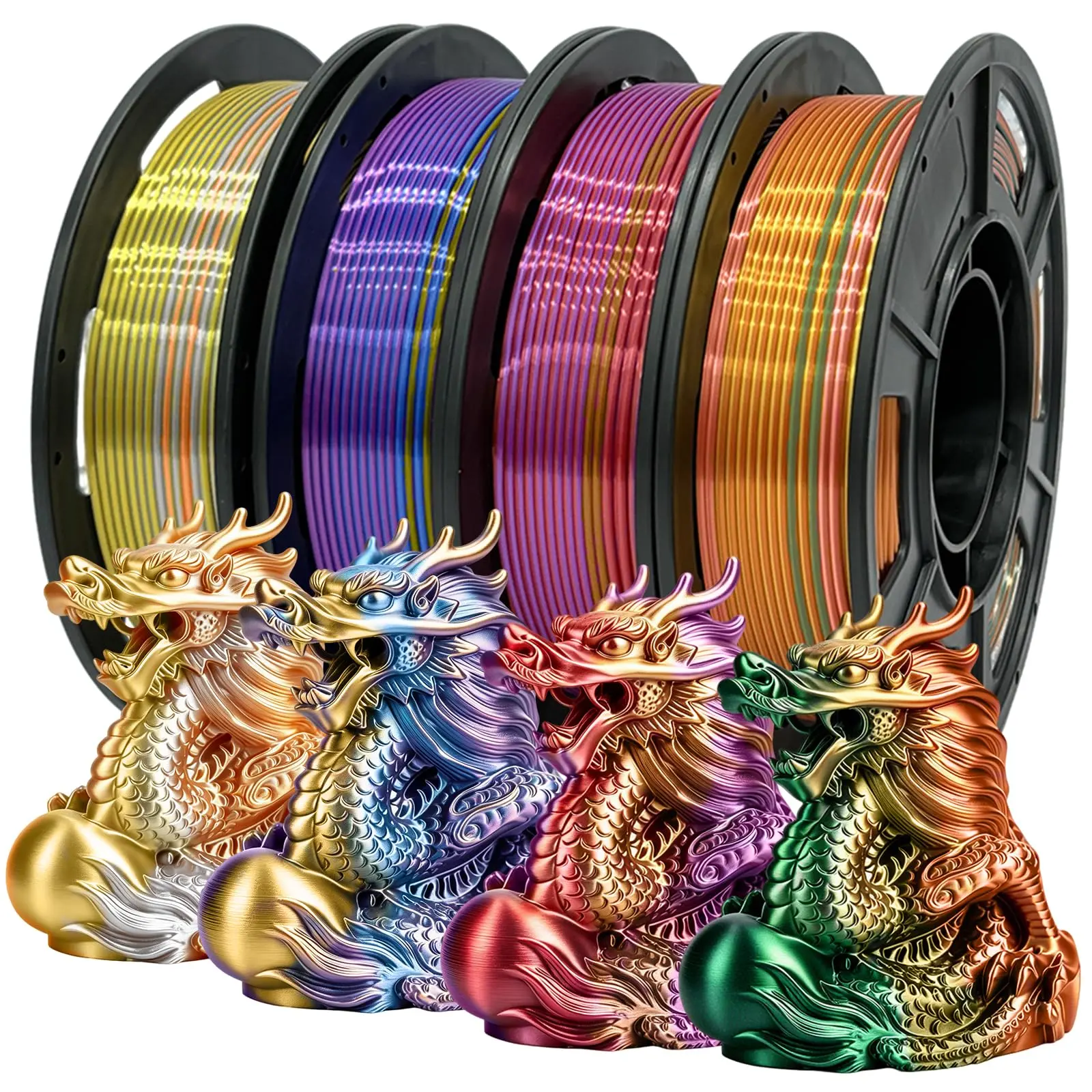 Silk PLA+ 3D Printer Filament Bundle, Shiny Multi Color Change, Tricolor PLA+ Filament 1.75mm for Most 3D Printers, Smooth Multicolor PLA+ Filament for Christmas Decorations - 250g*4 Spools
