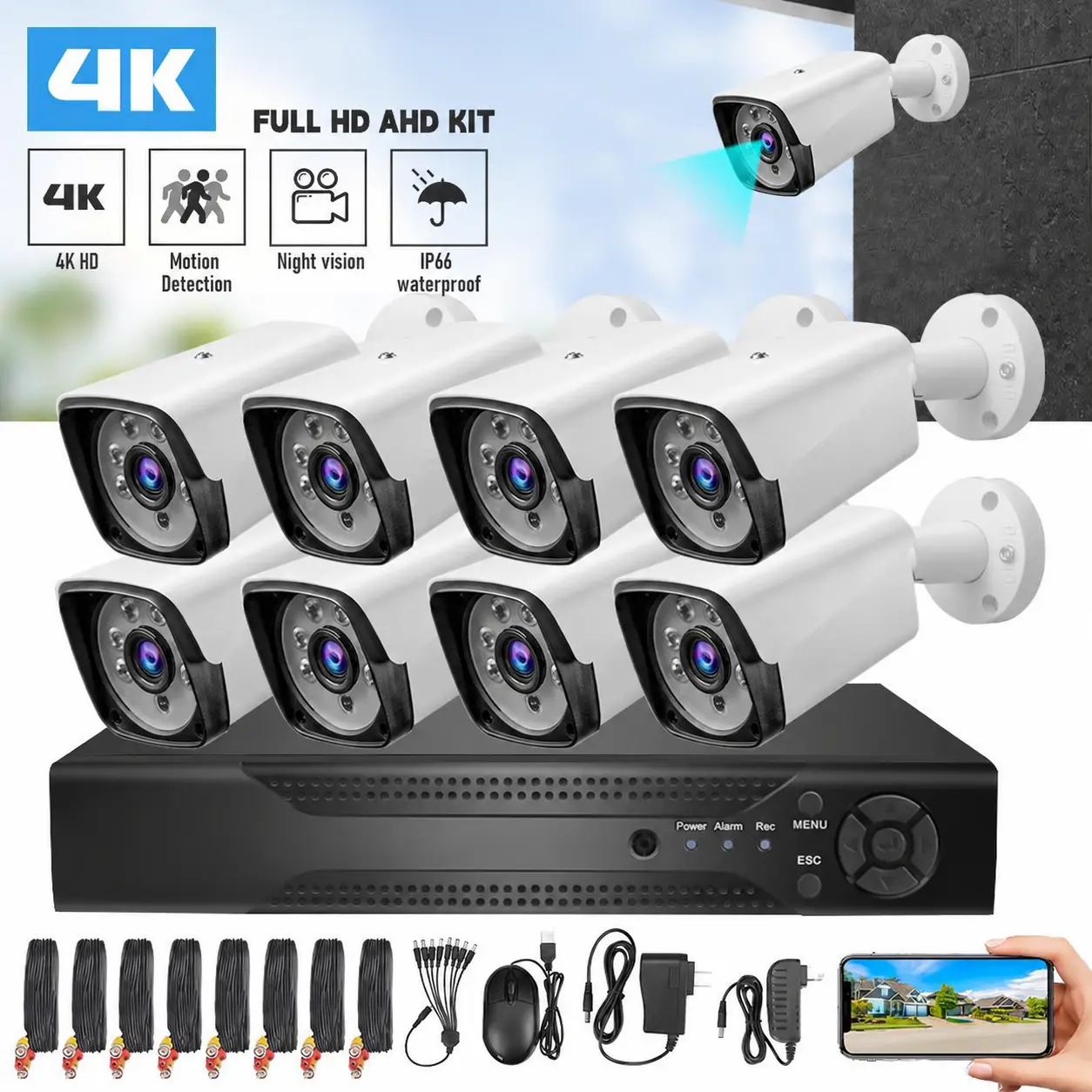 【Black Friday】 8CH 4K HD Wired Security Camera System - 8 Cameras, 1TB HDD DVR Recorder, BNC Cables, Ethernet, Auto Night Vision, Motion Detection, Power Splitter, Plug-In, Remote View App, 24hr Recording, Indoor Outdoor Monitoring