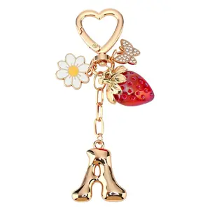 Cute Bubble Letter Keychain, Floral Strawberry Butterfly Design, Women's Backpack Accessory, Stylish and Fun Key Ring
