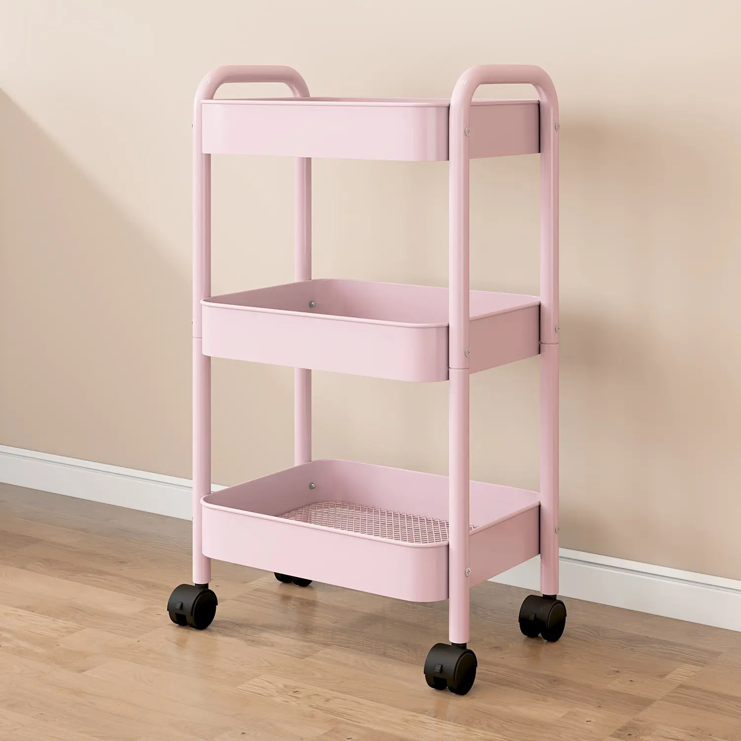 3-Tier Multifunctional Storage Cart with Lockable Wheels, Metal Utility Organizer for Kitchen, Office, Living Room, Vanity, Crafts and Art Studio.