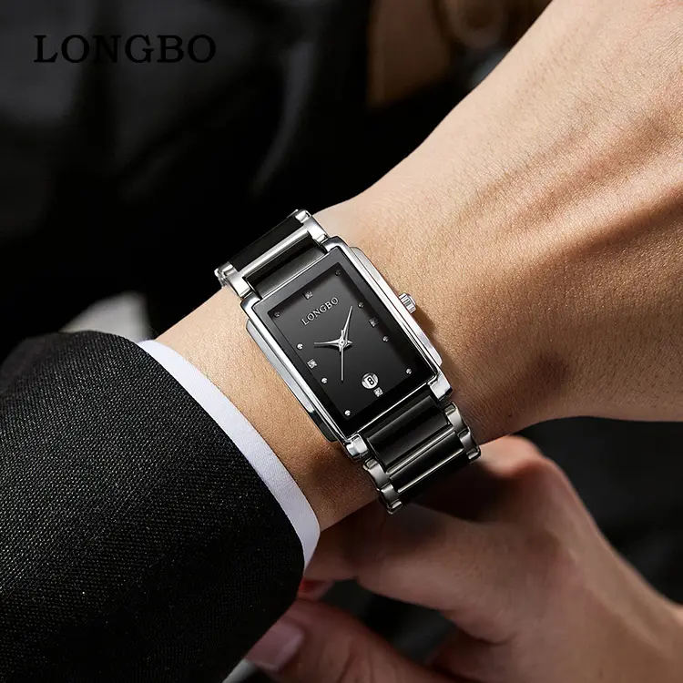 Luxury Men’s Quartz Watch, Rectangular Black Dial with Crystal Accents & Date Window, Polished Stainless Steel Bracelet, Sleek Minimalist Statement Wristwatch for Formal Events & Daily Wear