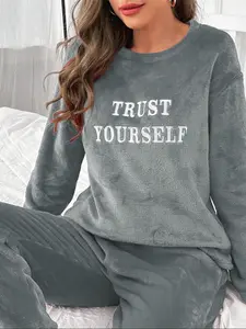 Women's Coral Fleece Printed Sleepwear Loungewear Long Sleeve Thickened Warm Round Neck Home Wear Top, Autumn Winter Cute Sweet Outerwear