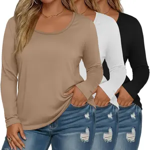 3 Pack Women's Plus Size Scoop Neck Long Sleeve Shirts, Loose Layer Tops Casual Soft Solid Basic Tees Blouses