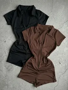 Women's Street Style Streetwear Polo Short Sleeve Fitted Bodycon Jumpsuit, Elastic Slim Fit, Fashionable Zipper Design, Everyday Casual Wear for All Seasons, Womenswear Garments